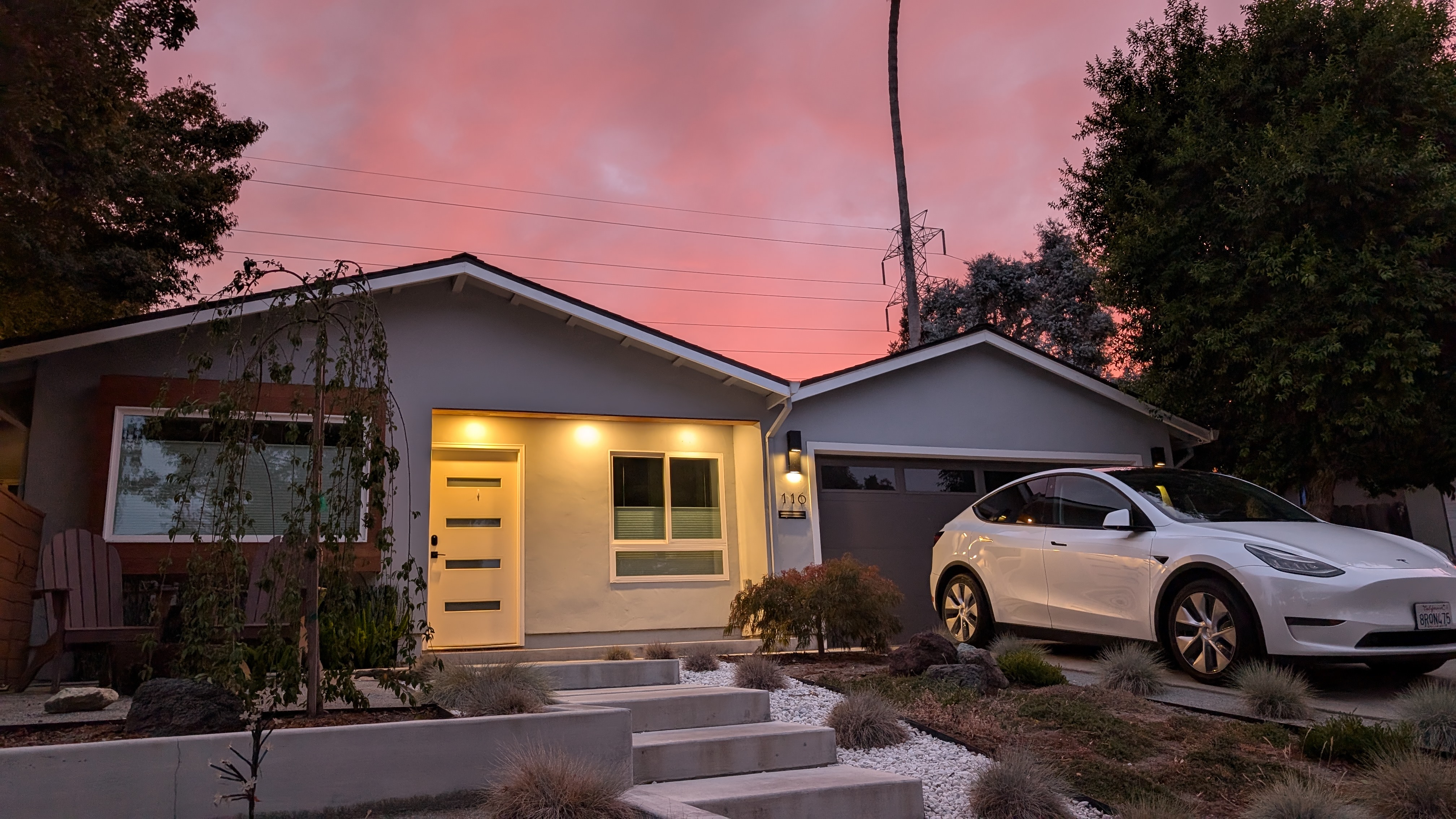 Los Gatos property exterior at sunset with beautiful pink sky